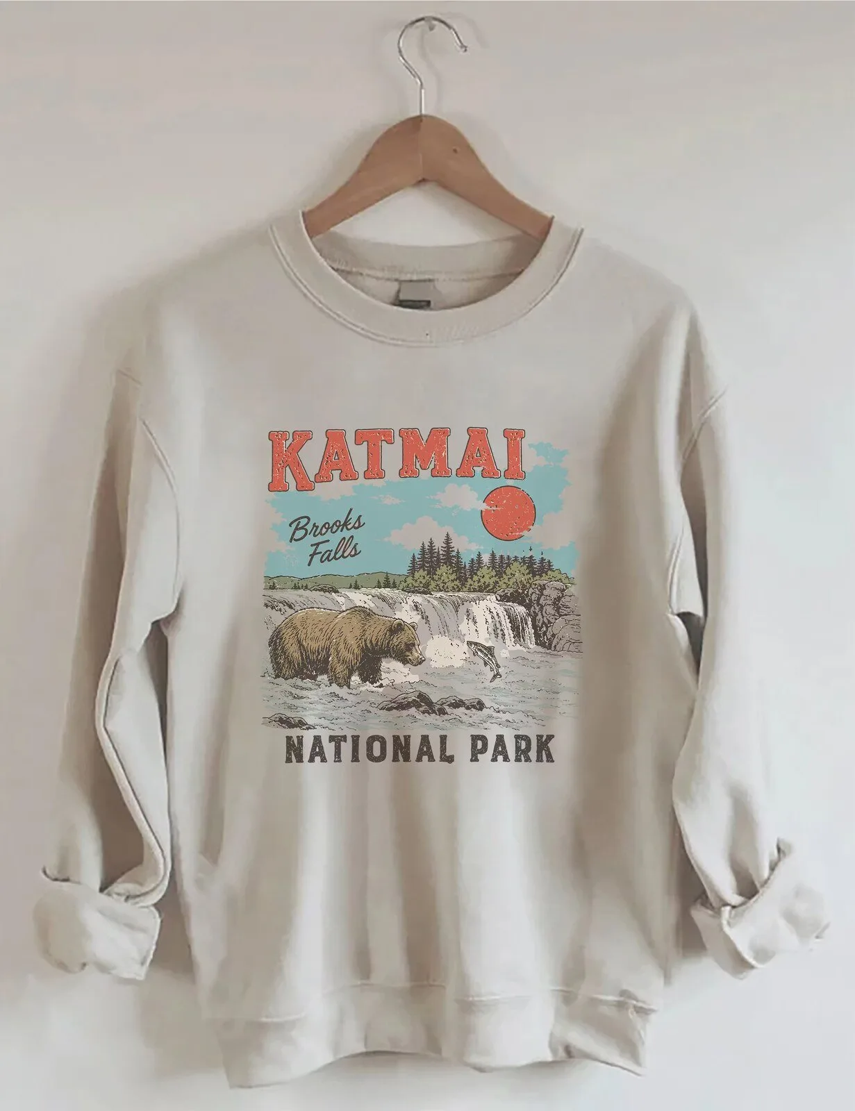 Katmai National Park Brooks Falls Bear Fishing Vintage Style Sweatshirt
