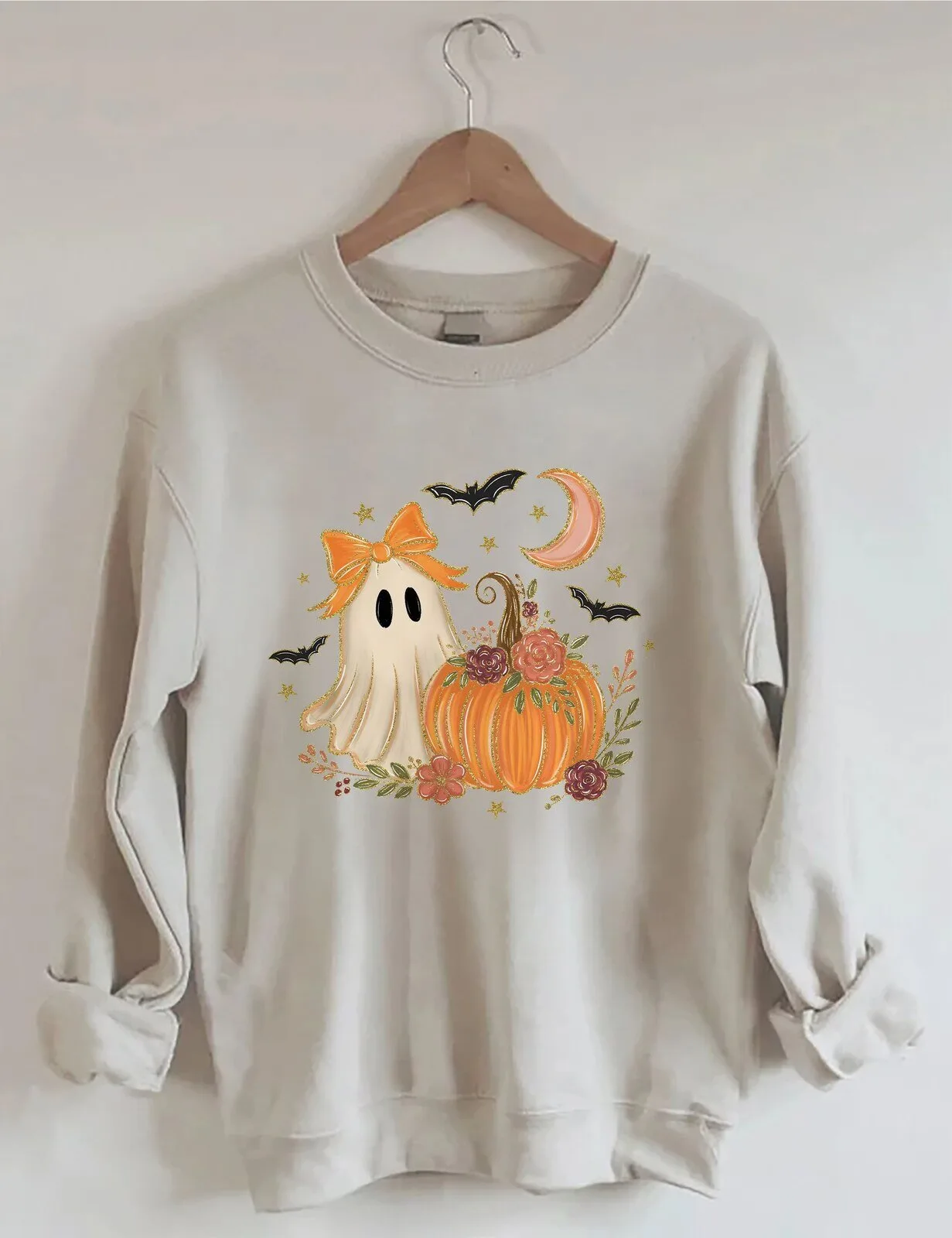 Cute Ghost and Pumpkin Halloween Sweatshirt with Floral Design and Bats
