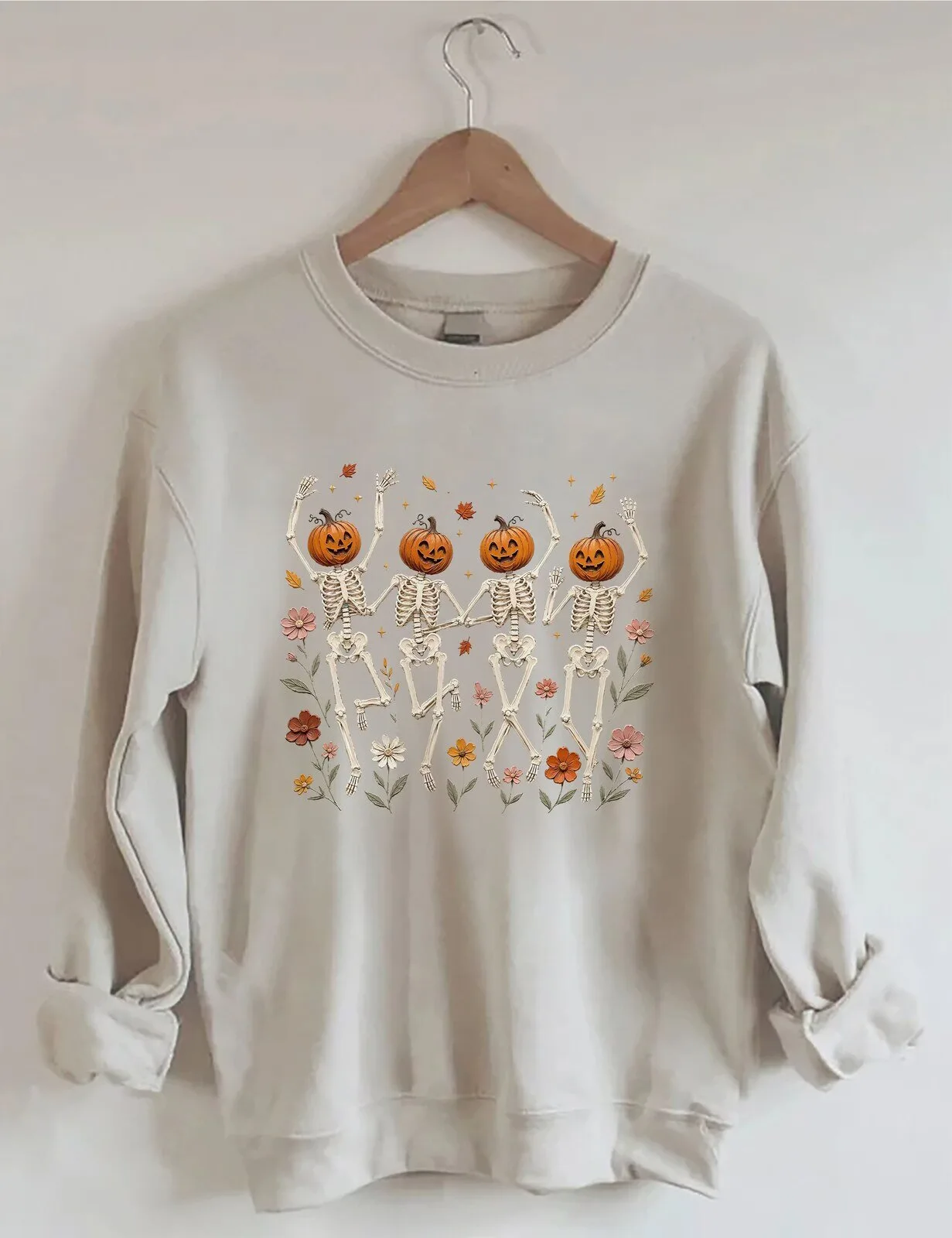 Dancing Skeleton Pumpkin Head Wildflower Fall Autumn Halloween Sweatshirt