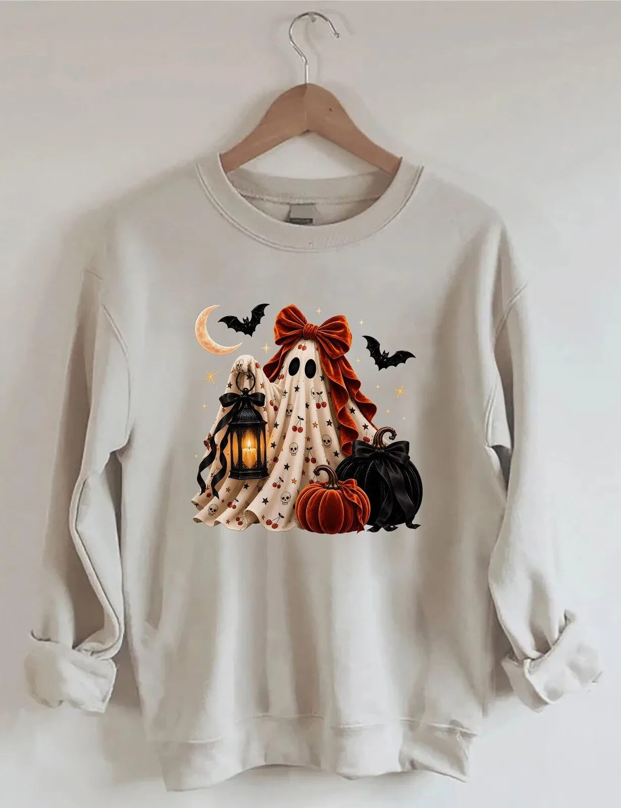 Cute Cherry Ghost Halloween Spooky Bats and Pumpkins Fall Season Sweatshirt