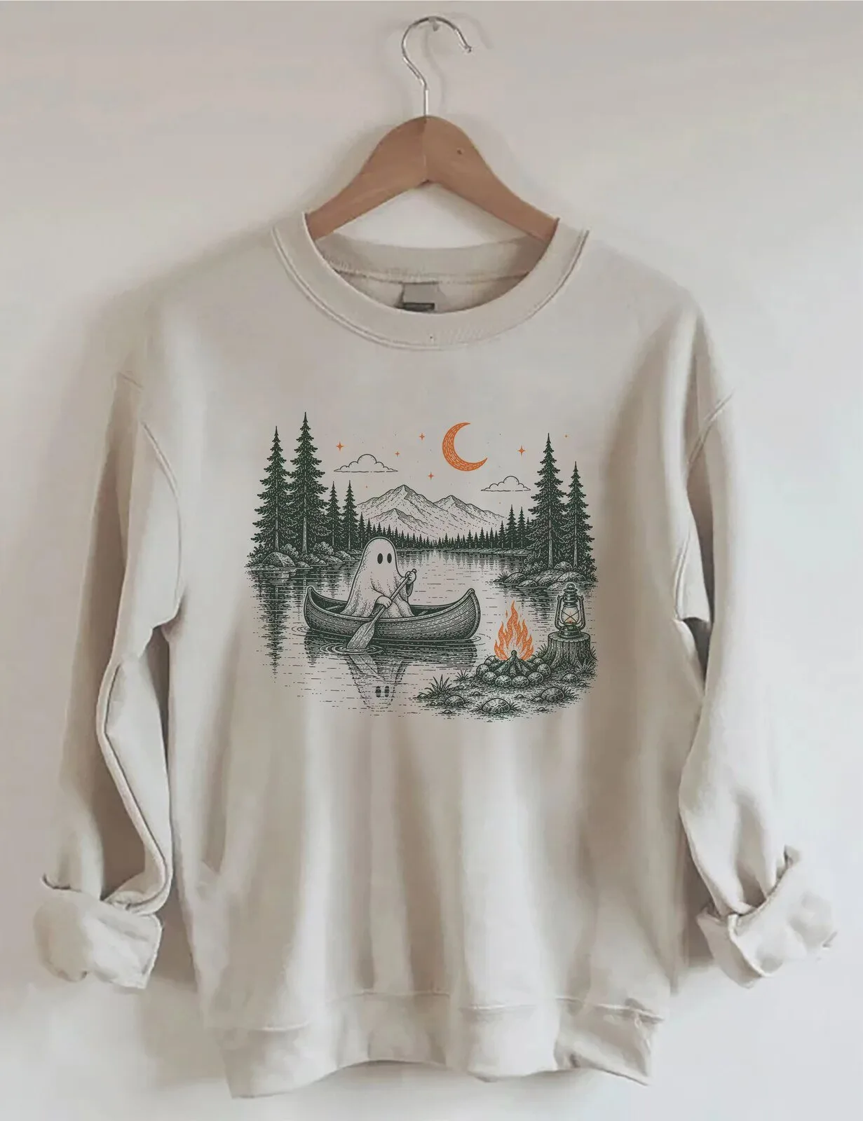Cute Ghost Canoe Camping Lake Forest Mountains Sweatshirt