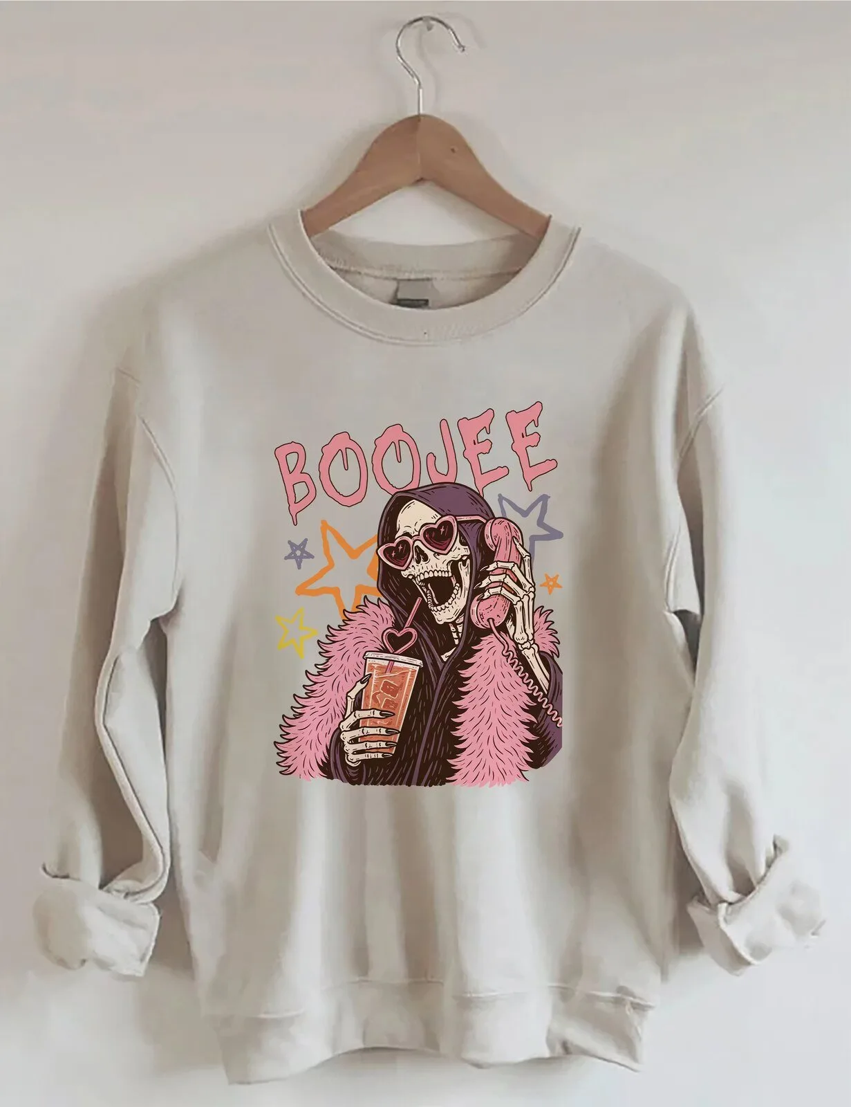 Boojee Skeleton Drinking Cocktail On Phone Funny Halloween Sweatshirt