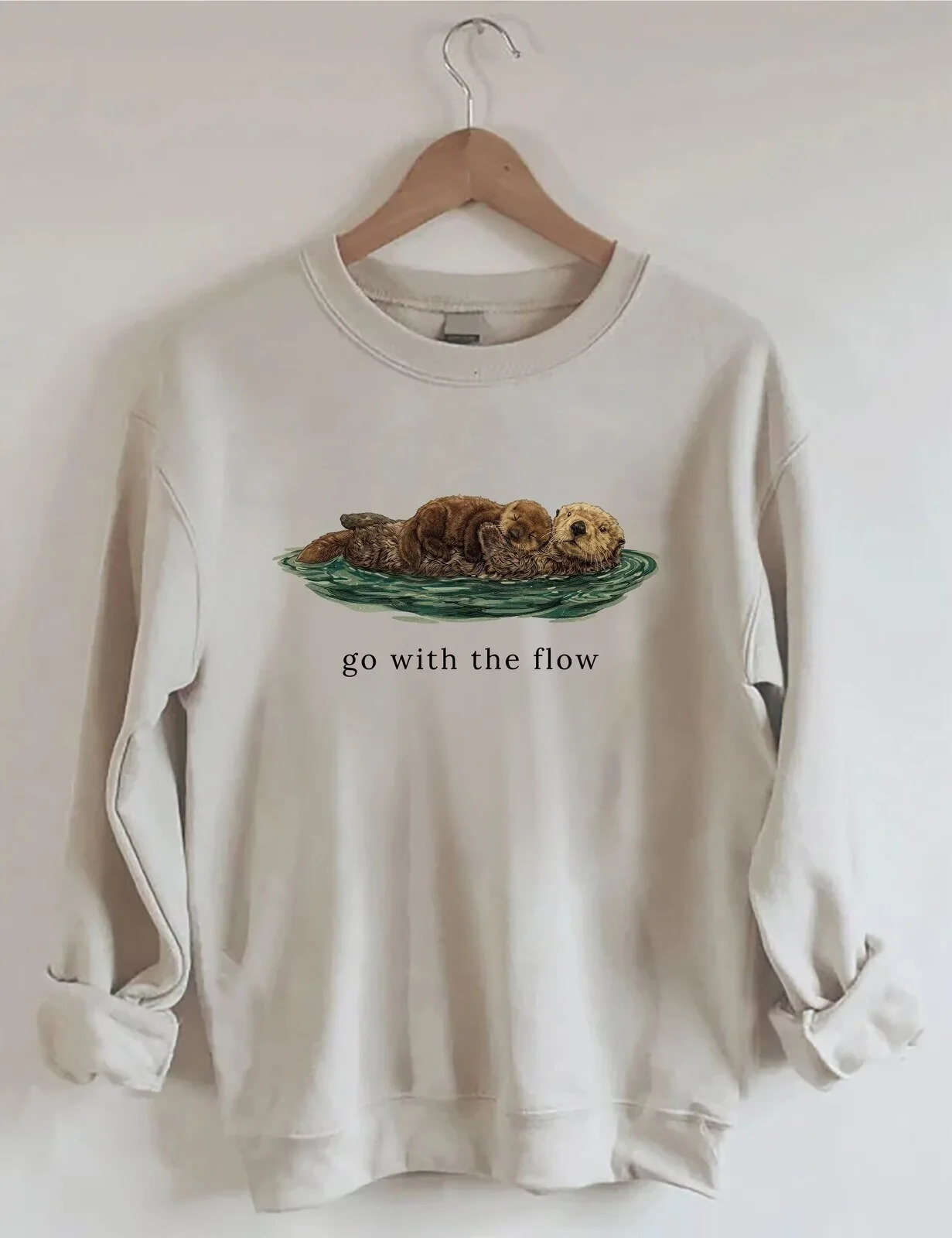 Cute Otters Go With The Flow Graphic Design Crewneck Sweatshirt