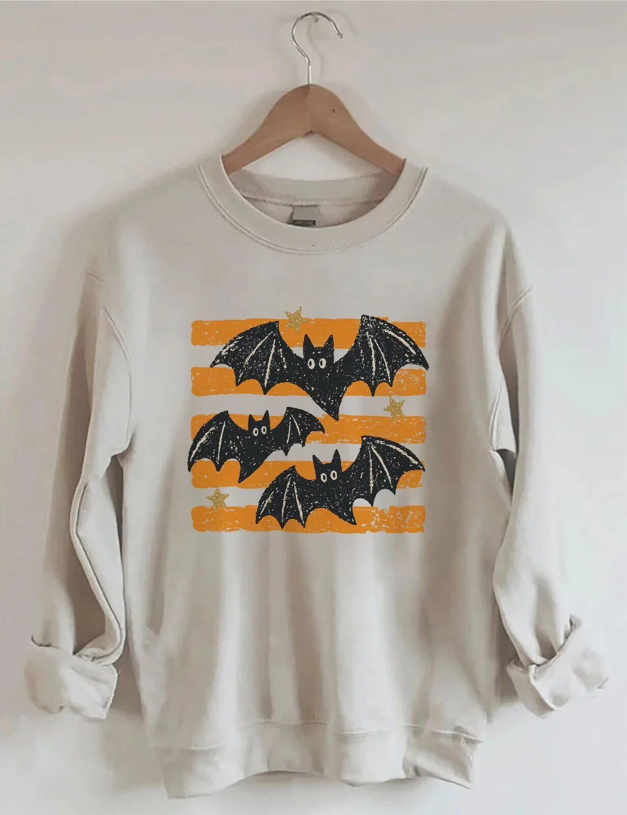 Halloween Bats and Stars Orange Striped Spooky Season Sweatshirt 1 Halloween Bats and Stars Orange Striped Spooky Season Sweatshirt