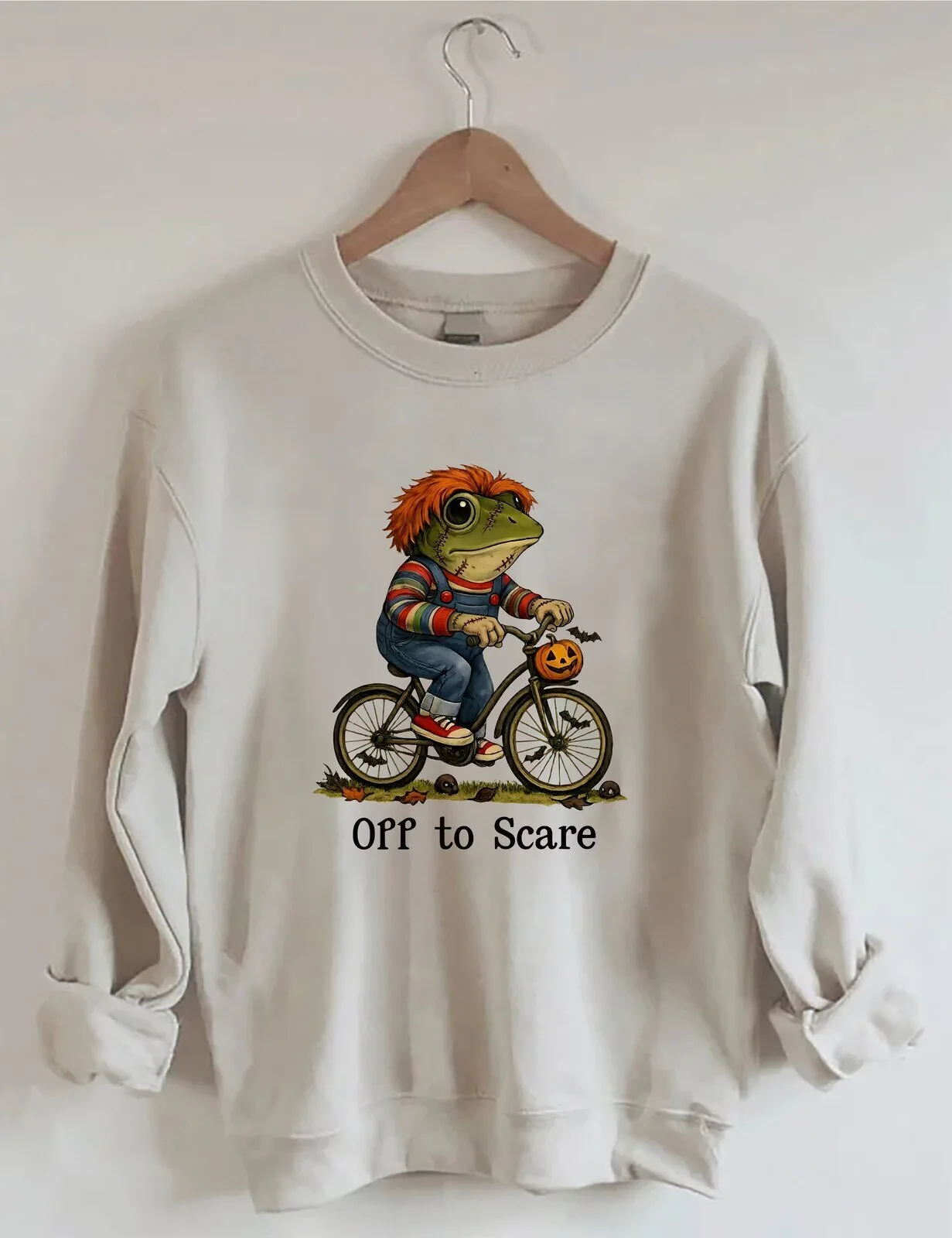 Funny Frog Dressed as Chucky Riding Bicycle Halloween Sweatshirt