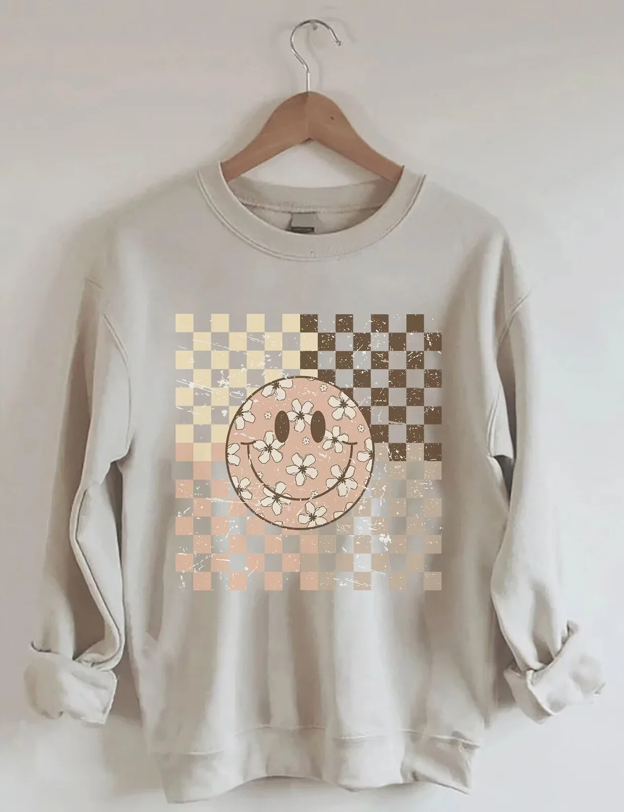 Retro Checkered Smiley Face Floral Pattern Crewneck Sweatshirt