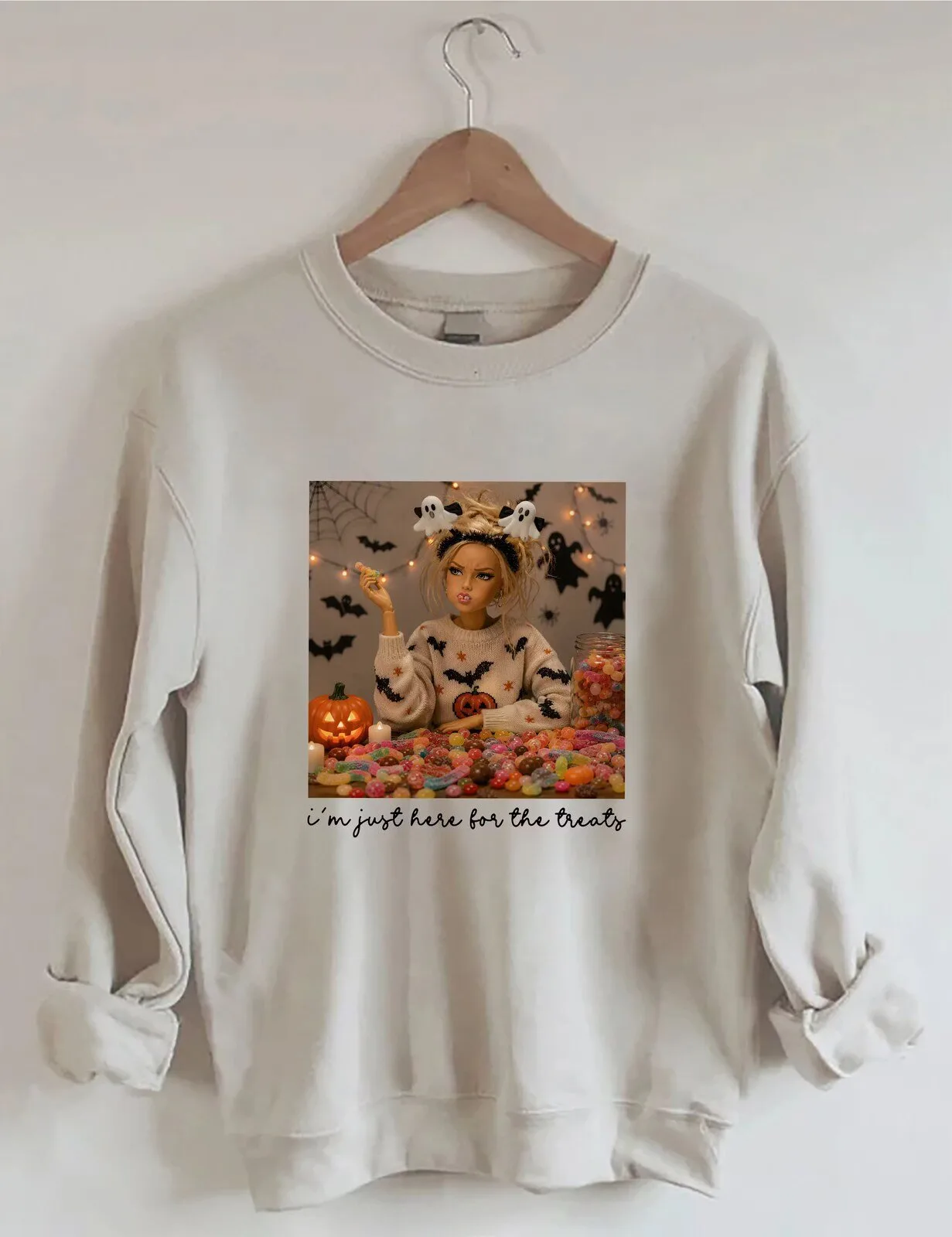 I'm Just Here For The Treats Halloween Doll Spooky Season Sweatshirt